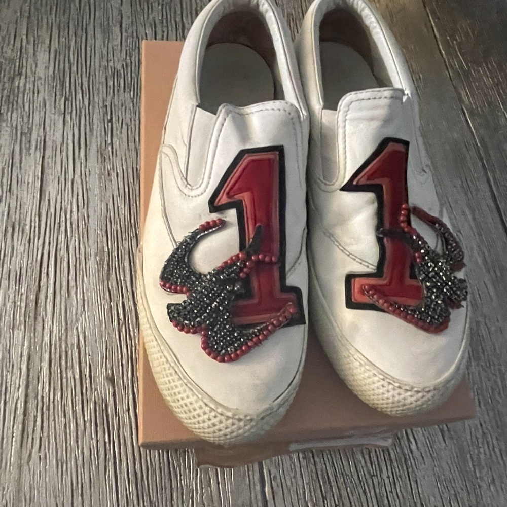 Miu Miu White and Red Embellished Slip-On Sneakers